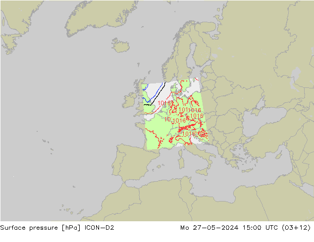 Presión superficial ICON-D2 lun 27.05.2024 15 UTC