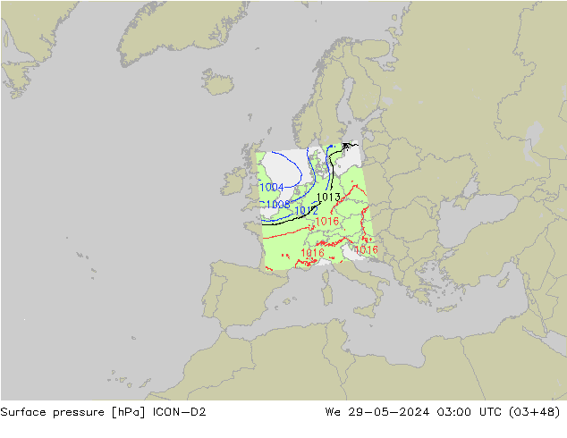 Surface pressure ICON-D2 We 29.05.2024 03 UTC