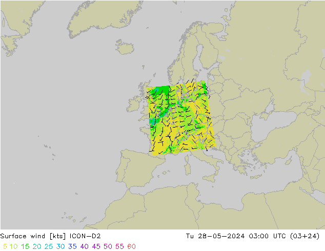 Viento 10 m ICON-D2 mar 28.05.2024 03 UTC