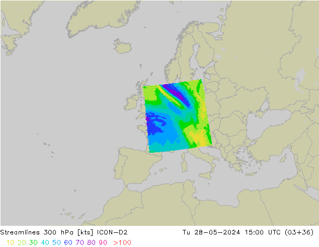 Linia prądu 300 hPa ICON-D2 wto. 28.05.2024 15 UTC