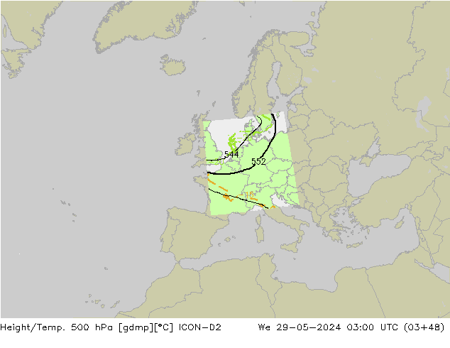 Géop./Temp. 500 hPa ICON-D2 mer 29.05.2024 03 UTC