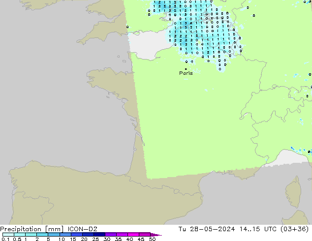 Precipitation ICON-D2 Tu 28.05.2024 15 UTC