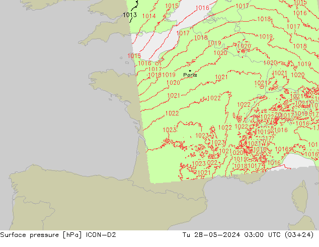 Presión superficial ICON-D2 mar 28.05.2024 03 UTC