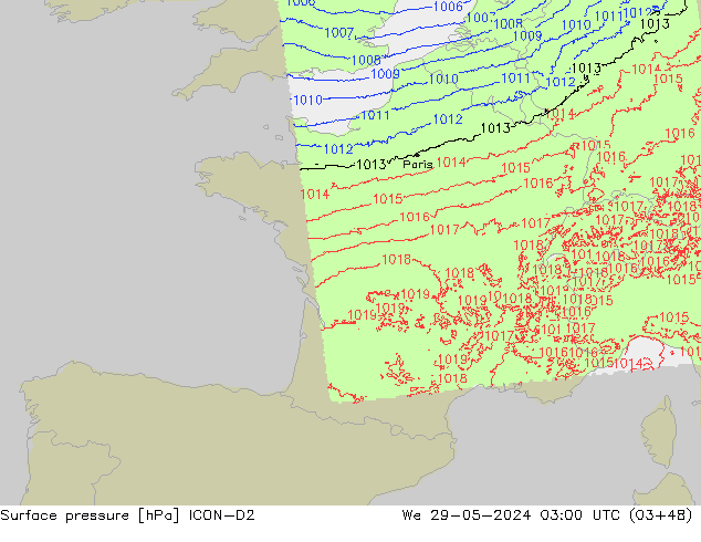 Surface pressure ICON-D2 We 29.05.2024 03 UTC