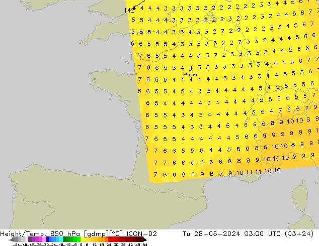 Height/Temp. 850 hPa ICON-D2 Di 28.05.2024 03 UTC