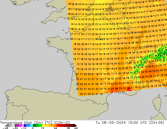 Temperature High (2m) ICON-D2 Tu 28.05.2024 15 UTC