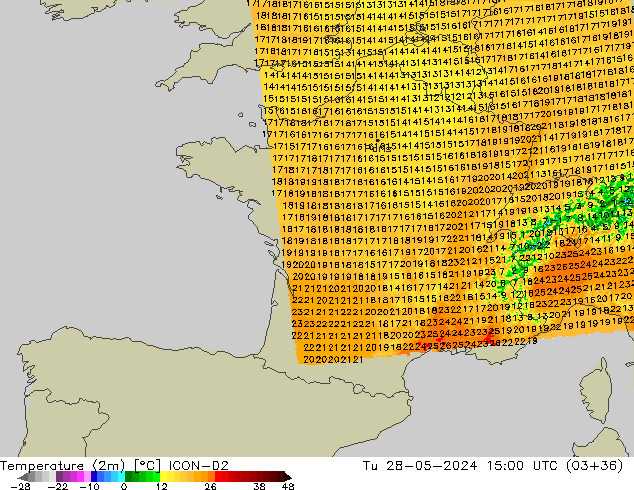 température (2m) ICON-D2 mar 28.05.2024 15 UTC