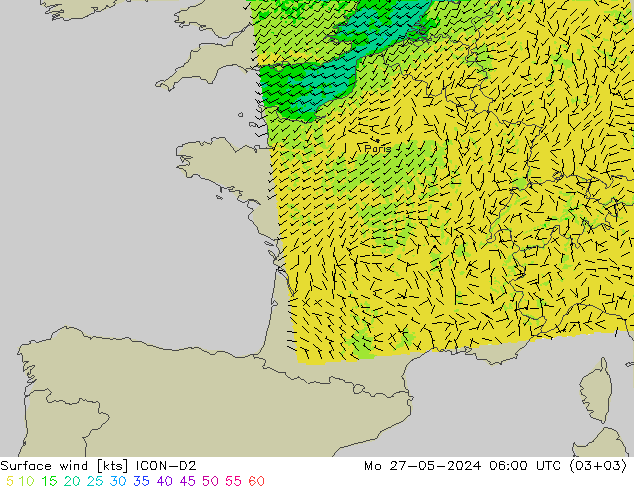 Surface wind ICON-D2 Mo 27.05.2024 06 UTC