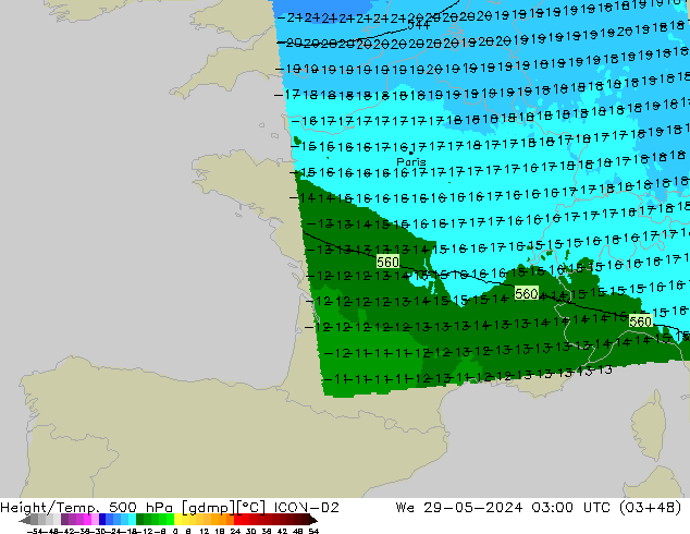 Height/Temp. 500 hPa ICON-D2 We 29.05.2024 03 UTC