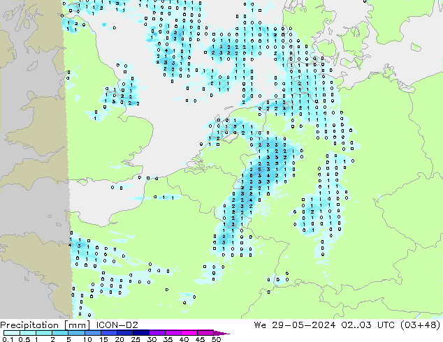 Srážky ICON-D2 St 29.05.2024 03 UTC