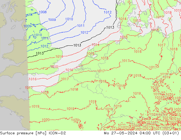 Presión superficial ICON-D2 lun 27.05.2024 04 UTC