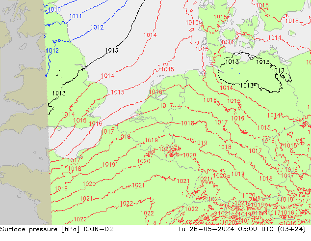 Presión superficial ICON-D2 mar 28.05.2024 03 UTC