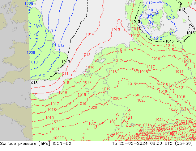 Surface pressure ICON-D2 Tu 28.05.2024 09 UTC