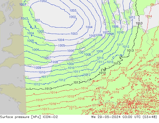 Surface pressure ICON-D2 We 29.05.2024 03 UTC