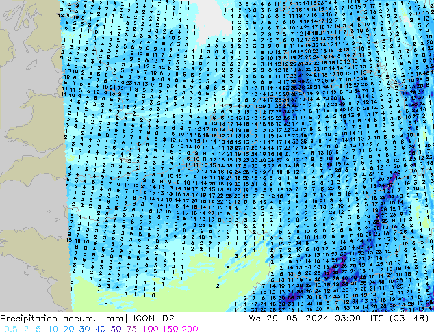 Totale neerslag ICON-D2 wo 29.05.2024 03 UTC