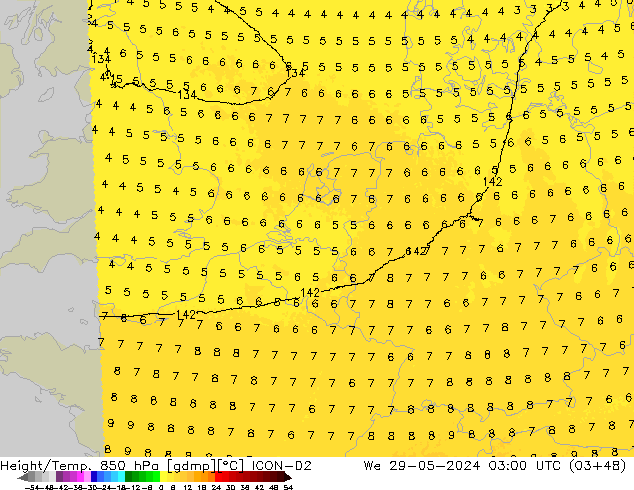 Height/Temp. 850 hPa ICON-D2 We 29.05.2024 03 UTC