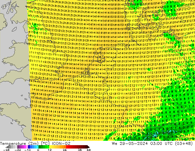 Temperaturkarte (2m) ICON-D2 Mi 29.05.2024 03 UTC