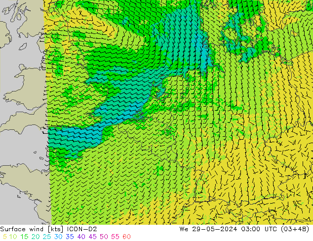 Surface wind ICON-D2 We 29.05.2024 03 UTC