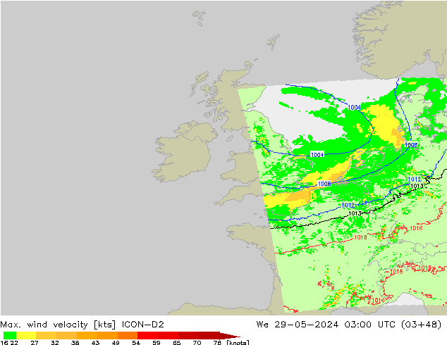 Max. wind velocity ICON-D2 Qua 29.05.2024 03 UTC