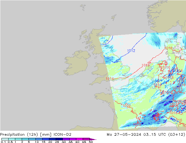 Precipitation (12h) ICON-D2 Mo 27.05.2024 15 UTC