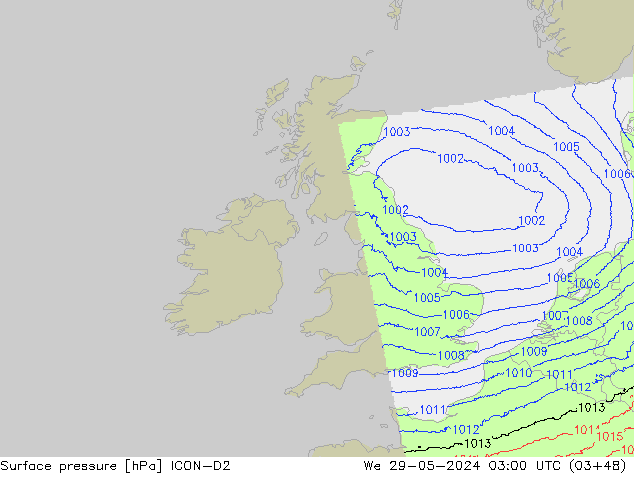 Surface pressure ICON-D2 We 29.05.2024 03 UTC