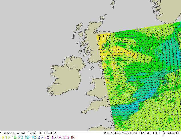 Surface wind ICON-D2 St 29.05.2024 03 UTC