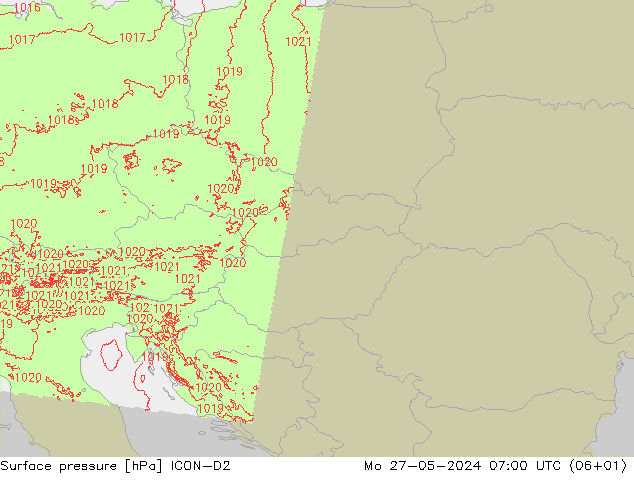 Surface pressure ICON-D2 Mo 27.05.2024 07 UTC