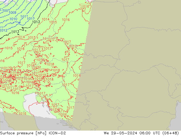 Pressione al suolo ICON-D2 mer 29.05.2024 06 UTC