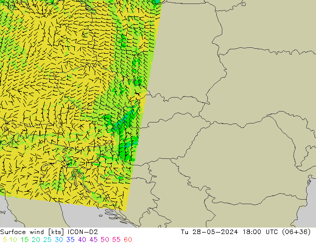 Surface wind ICON-D2 Tu 28.05.2024 18 UTC