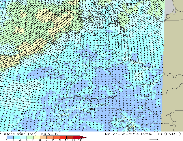 Surface wind (bft) ICON-D2 Mo 27.05.2024 07 UTC