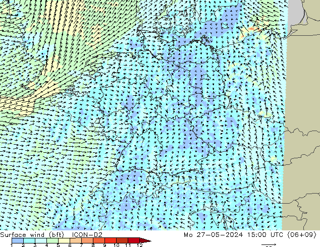 wiatr 10 m (bft) ICON-D2 pon. 27.05.2024 15 UTC