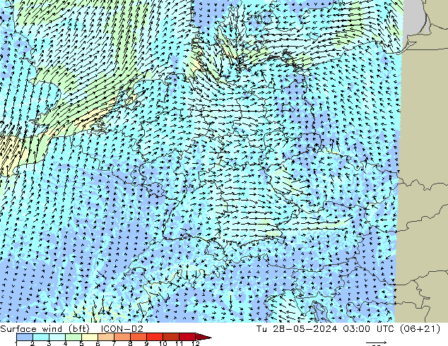 Surface wind (bft) ICON-D2 Tu 28.05.2024 03 UTC