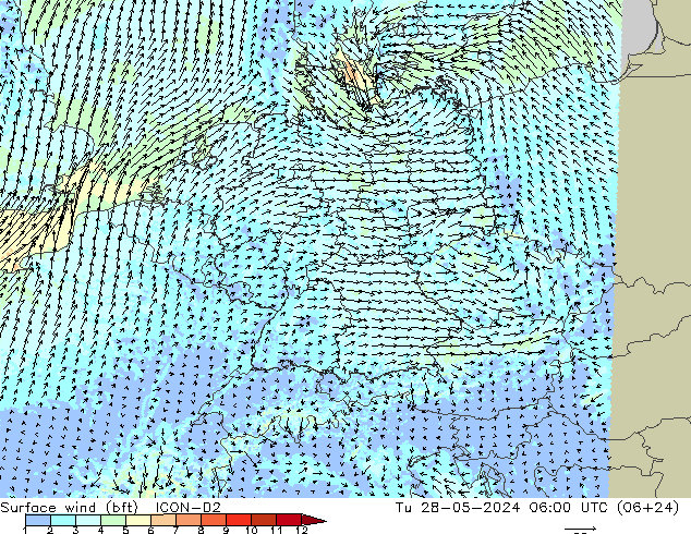 Bodenwind (bft) ICON-D2 Di 28.05.2024 06 UTC