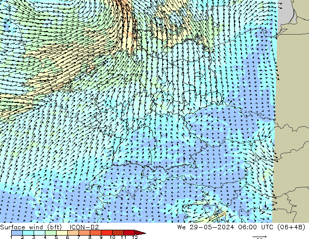 Surface wind (bft) ICON-D2 We 29.05.2024 06 UTC