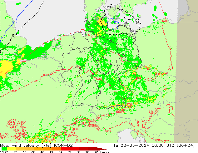 Max. wind velocity ICON-D2 Tu 28.05.2024 06 UTC