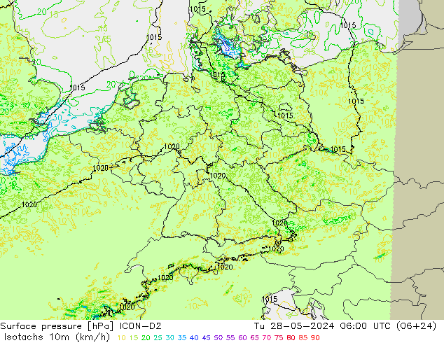 Isotachs (kph) ICON-D2 Tu 28.05.2024 06 UTC