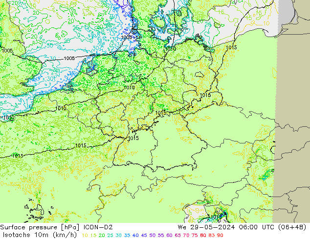 Isotachen (km/h) ICON-D2 wo 29.05.2024 06 UTC