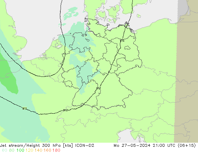 Corriente en chorro ICON-D2 lun 27.05.2024 21 UTC