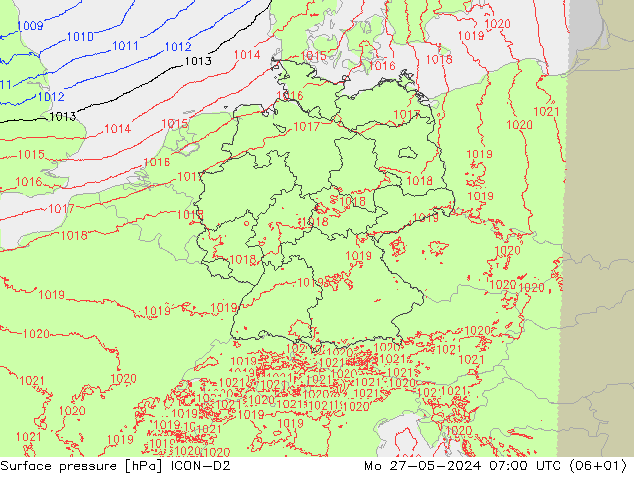 Presión superficial ICON-D2 lun 27.05.2024 07 UTC