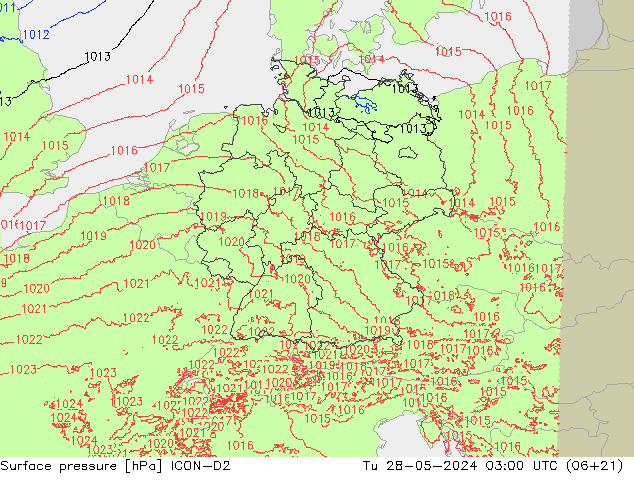 Atmosférický tlak ICON-D2 Út 28.05.2024 03 UTC