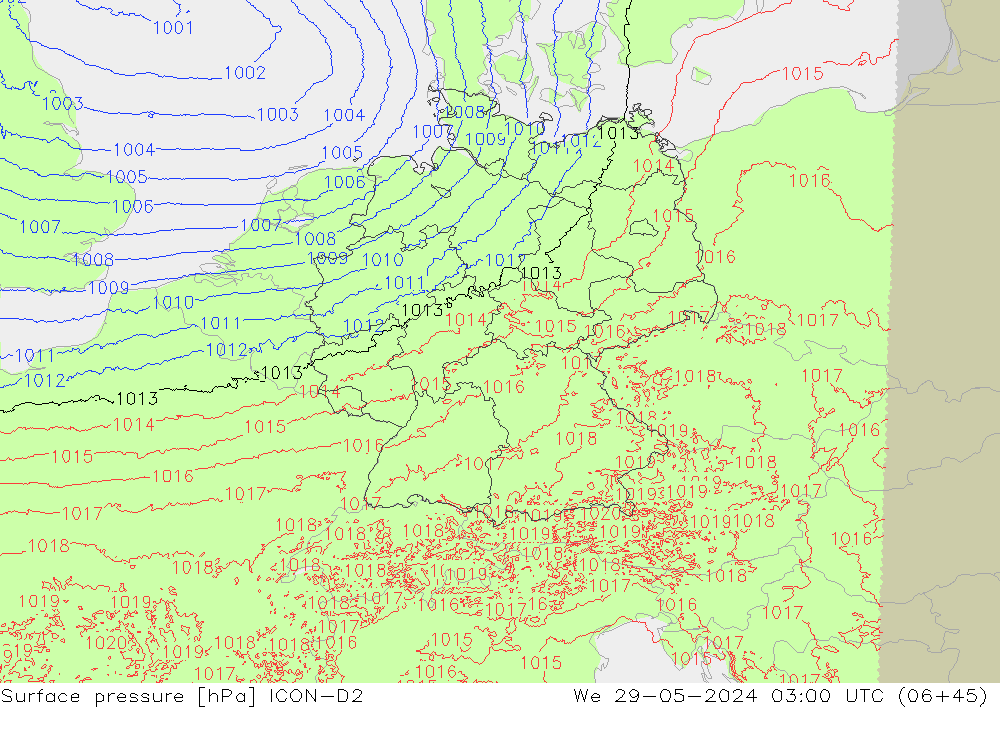 Surface pressure ICON-D2 We 29.05.2024 03 UTC