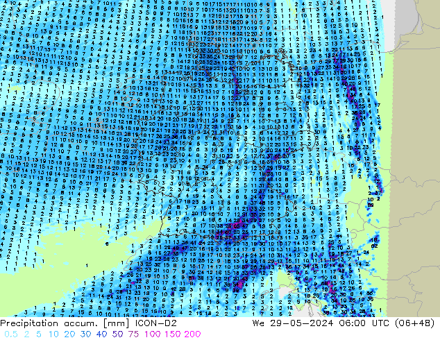 Precipitation accum. ICON-D2 We 29.05.2024 06 UTC