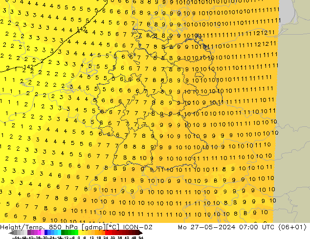 Yükseklik/Sıc. 850 hPa ICON-D2 Pzt 27.05.2024 07 UTC