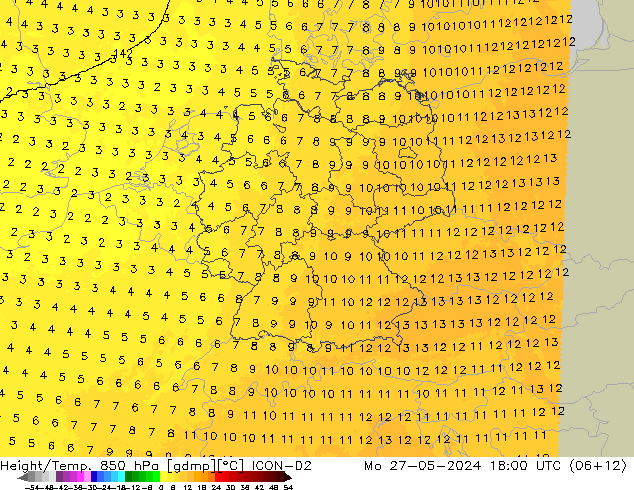 Height/Temp. 850 hPa ICON-D2 Mo 27.05.2024 18 UTC