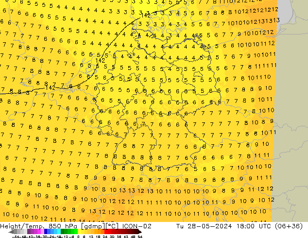 Yükseklik/Sıc. 850 hPa ICON-D2 Sa 28.05.2024 18 UTC