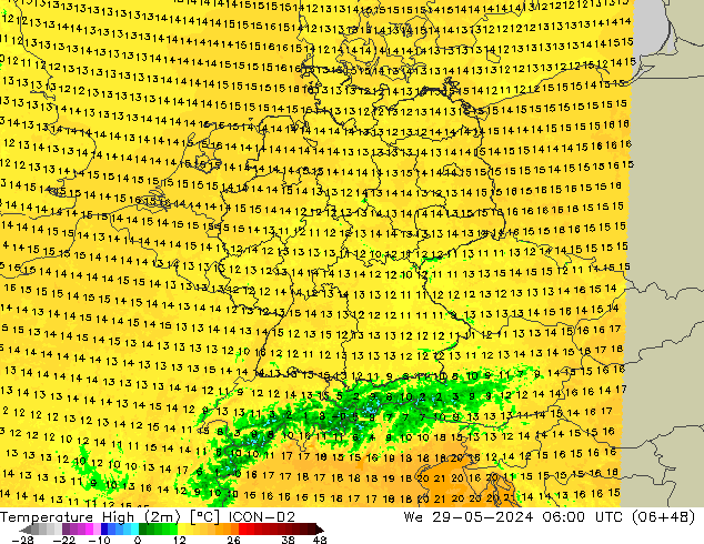 Höchstwerte (2m) ICON-D2 Mi 29.05.2024 06 UTC