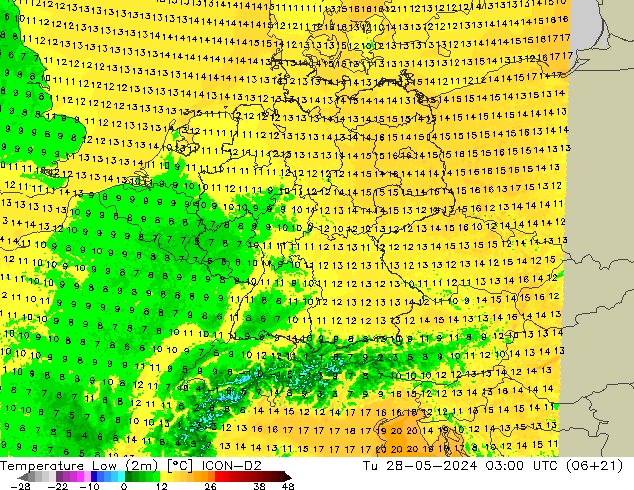 Minumum Değer (2m) ICON-D2 Sa 28.05.2024 03 UTC