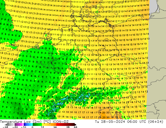 temperatura mín. (2m) ICON-D2 Ter 28.05.2024 06 UTC