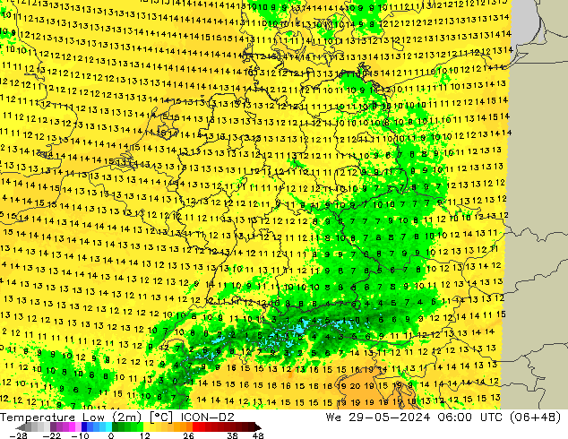 temperatura mín. (2m) ICON-D2 Qua 29.05.2024 06 UTC