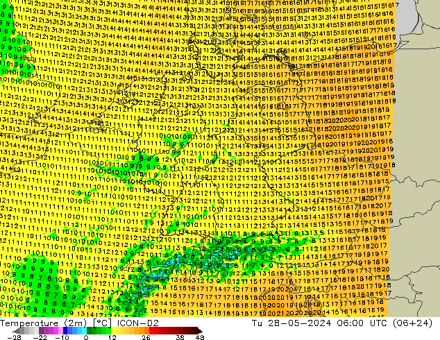 Temperatuurkaart (2m) ICON-D2 di 28.05.2024 06 UTC